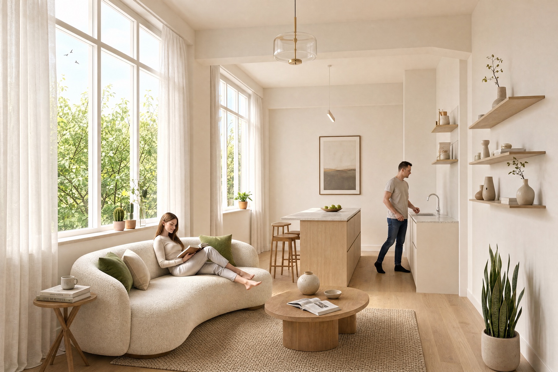 Impressie van een gelijkvloers appartement met grote raampartijen aan de voorzijde